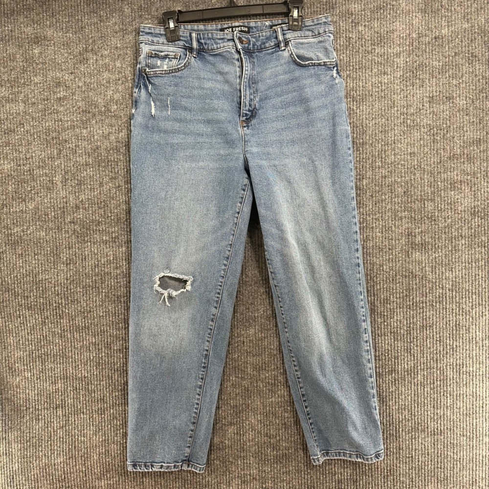 Joe Fresh High Rise Straight Jeans Womens 32 Light Blue Good Distressed Knee Rip